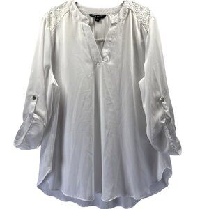 Zac & Rachel Women's Top XL Bright White Roll Tab Sleeves Popover Semi Sheer